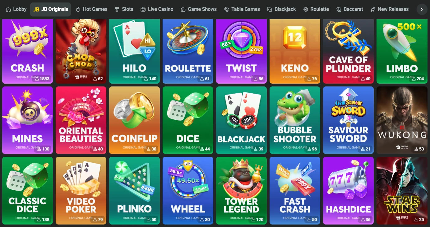 JB.COM Originals lobby with Crash, Roulette, Keno, and casino games