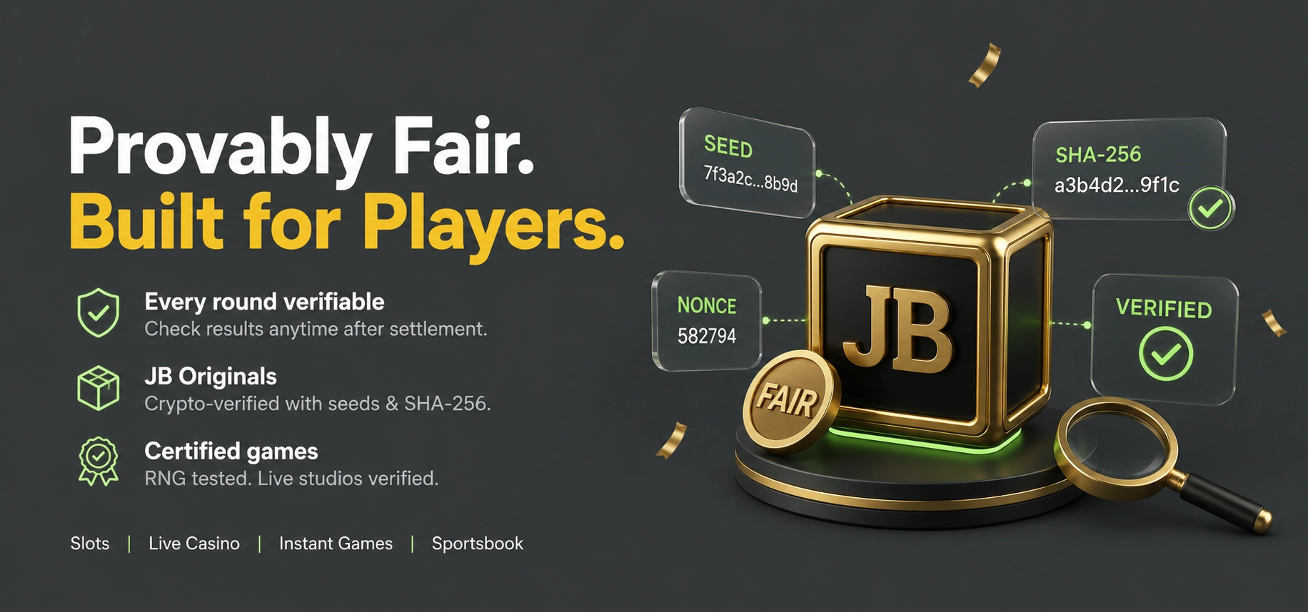JB.COM provably fair gaming with SHA-256 security and game verification