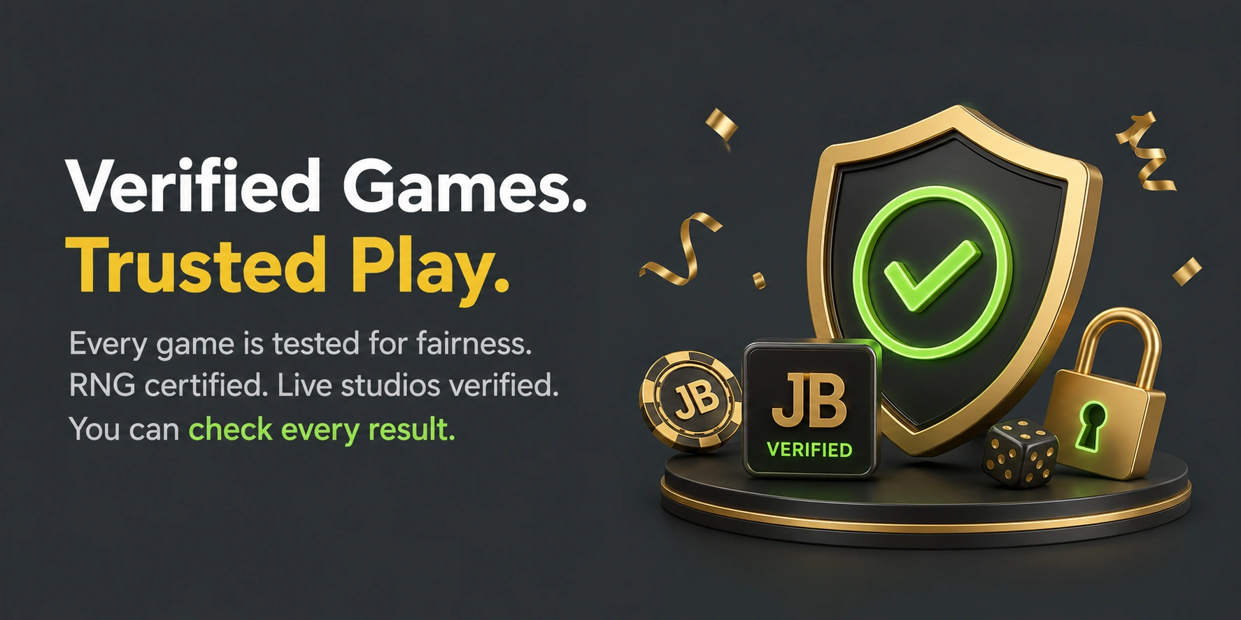 JB.COM verified games with security shield and fairness verification icons